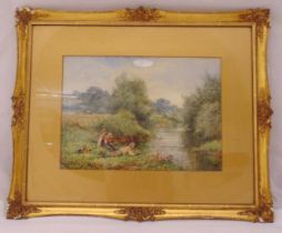 Sylvester Stannard framed and glazed watercolour of children fishing by a bank in a wooded