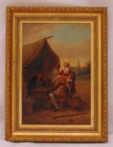 A framed oil on canvas of a figures seated at a table drinking by a tent, 32 x 21.5cm