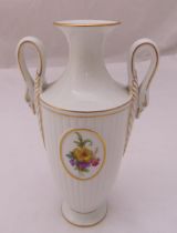 A Furstenberg mid 20th century vase with swan neck handles and central hand painted cartouche,