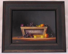 Neil Carroll framed oil on panel still life of fruit in a box, signed bottom left, 30.5 x 40cm