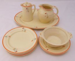 Crown Ducal Art Deco part dinner service to include plates, a meat platter and jugs, A/F (14)