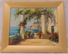 Guido Odierna framed oil on canvas of a continental veranda on a cliff side, signed bottom left,