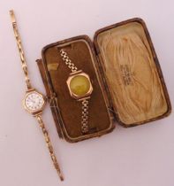 Two 9ct gold ladies wristwatches on replacement articulated gold plated bracelets