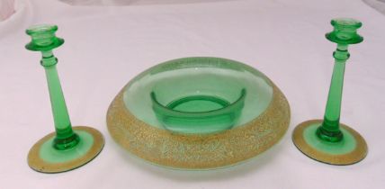 A French circular Art Deco glass bowl with gilded decoration and a pair of matching table