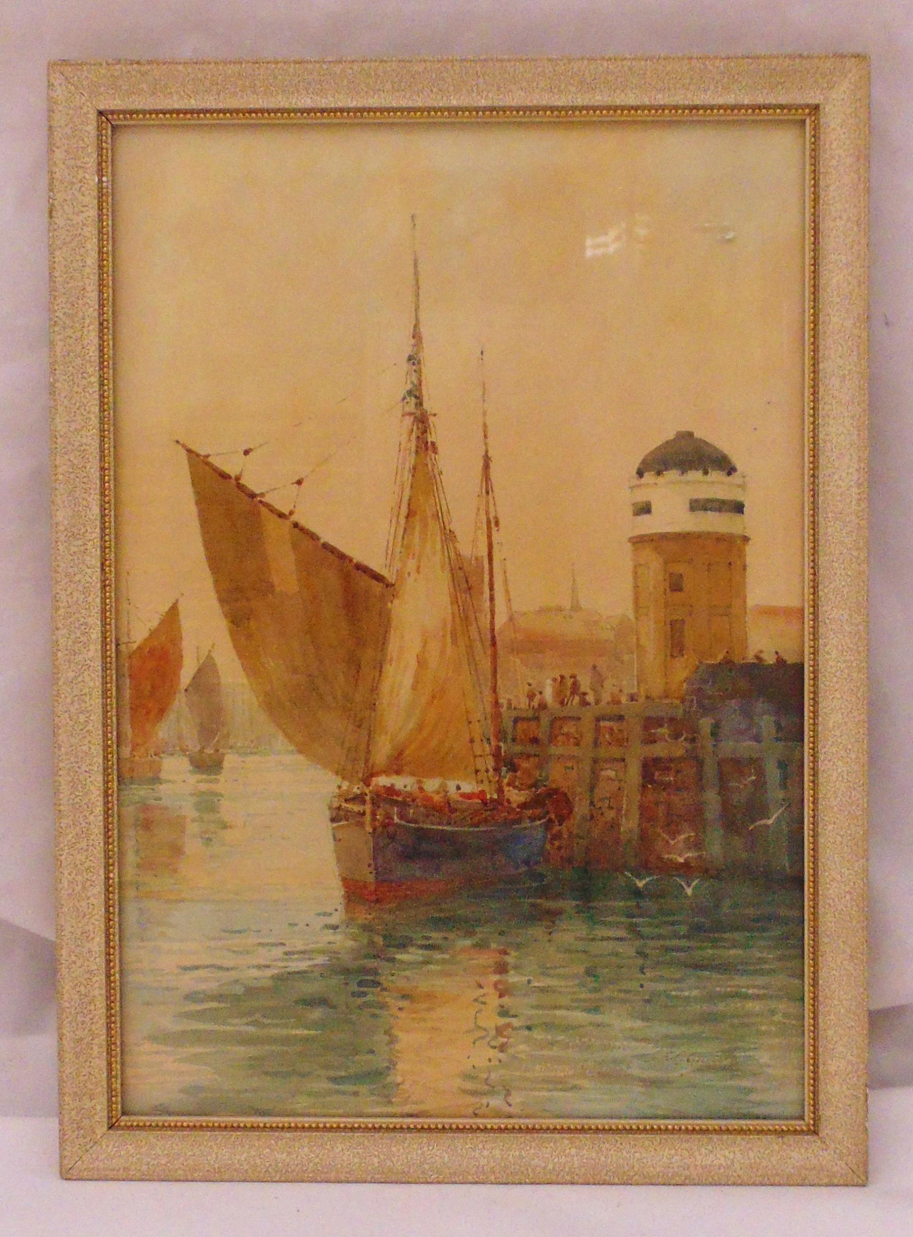 Edward Christian Quayle framed and glazed watercolour of a ship at the docks signed bottom right, 32