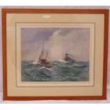 Edward Christian Quayle framed and glazed watercolour of ships in the rough sea signed bottom right,