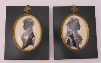 A pair of framed hand painted silhouettes of a lady and gentleman indistinctly signed, 15 x 12.5cm