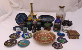 A quantity of oriental cloisonné to include vases, dishes, coasters and covered boxes (29) tallest