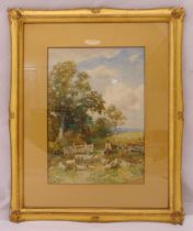 David Bates framed and glazed watercolour of a boy and his dog tending sheep in a woodland