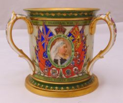 A Copeland Victorian commemorative tyg, the sides decorated with famous Boer War victories, retailed