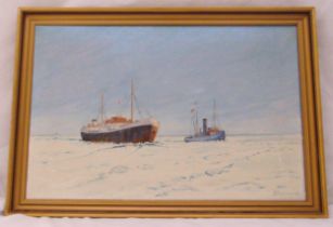K. Stegman framed oil on canvas of boats in icy seas, signed bottom right, 45 x 69cm