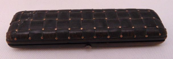 A Georgian rectangular tortoiseshell and gold pique toothpick holder, the hinged cover opening to