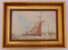F J. Collinson framed oil on board titled A Freshening Wind, signed bottom left, original label to
