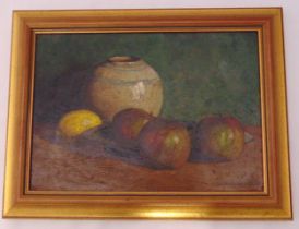A framed oil on canvas still life of fruit and a vase, indistinctly signed and dated 1928, 24 x