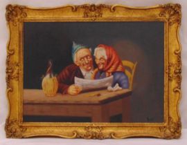 Rossi framed oil on panel of a man and lady seated at a table reading a newspaper, signed bottom