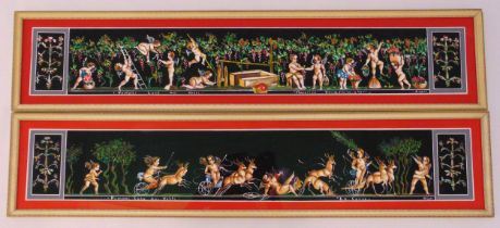 Caso a pair of framed Italian hand painted gouache scenes of Putti in Pompeii, signed bottom