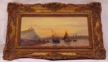 A Victorian framed oil on board of ships in a harbour, 16.5 x 36cm