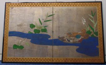 An oriental hand painted folding screen depicting two ducks in a pond, 62.5 x 110cm