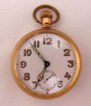 A gold plated open face pocket watch with white enamel dial and Arabic numerals and subsidiary