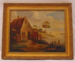 A 19th century framed oil on board of figures by a cottage, monogrammed DT in a circle, 28 x 36cm