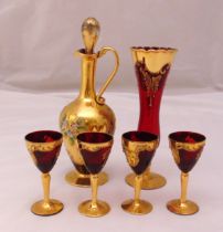 Murano glass decanter with drop stopper, four liqueur glasses and a matching vase, decanter 26cm (