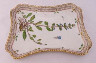 A Royal Copenhagen Flora Danica shaped rectangular dish with Ajuga Reptan L. design, and gilded