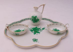 A quantity of Herend Chinese green bouquet design porcelain to include a tray, two small dishes