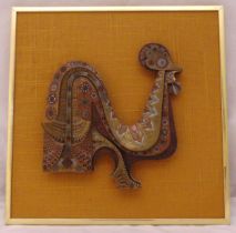 A framed 1970s metal figurine of a rooster mounted on a hessian background, signed Giovanni, 52 x