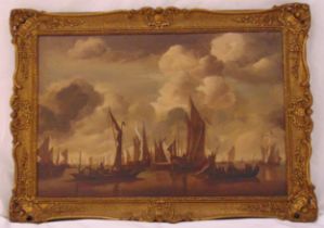 R. Wayman framed oil on canvas of sailing ships, signed bottom right, 49 x 74cm