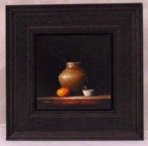 Neil Carroll framed oil on panel still life of a vase on a table, signed bottom left, 20.5 x 20.5cm