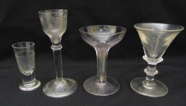 A set of four 18th/19th century toasting glasses of various form and shape, tallest 14cm (h)