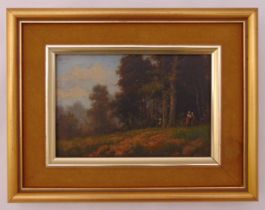 M Donat framed oil on board of figures in a wooded landscape signed bottom right originally