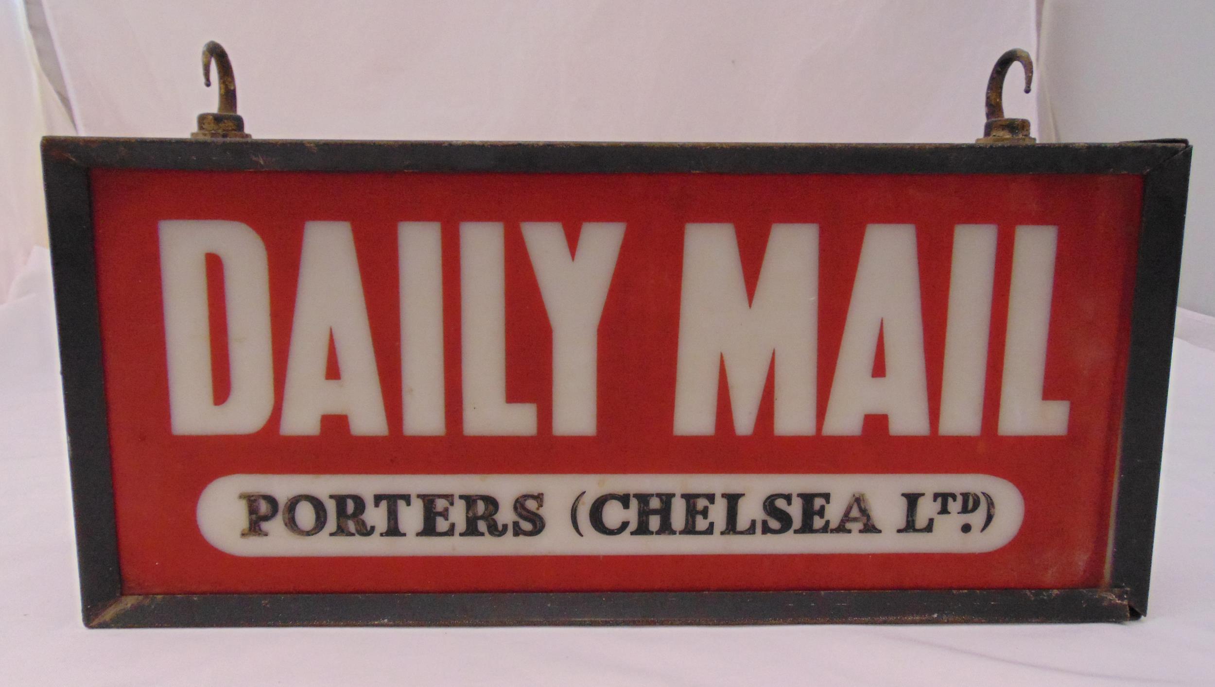 An original hanging Daily Mail adverting sign made of metal and glass with two suspensory hooks
