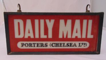 An original hanging Daily Mail adverting sign made of metal and glass with two suspensory hooks