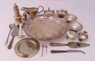 A quantity of silver plate to include condiments, sugar sifter and fruit dishes