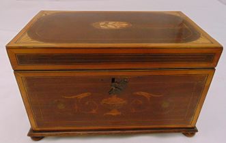 An Edwardian rectangular mahogany and satinwood inlaid tea caddy with lion mask side handles all