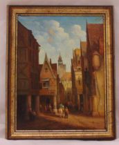 A framed oil on canvas of a Northern European Cityscape, monogram CR bottom right, 31 x 23cm