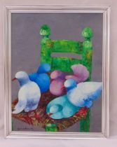 Gesner Armand framed oil on board of birds on a chair signed bottom right, 30.5 x 30cm