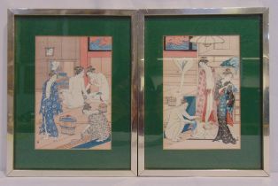 Two framed and glazed polychromatic Japanese etchings of bath houses by Kiyonaga, 19 x 13cm each