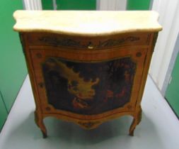 A marble top bow fronted cabinet with painted panels and gilt metal mounts, 88 x 94 x 46cm
