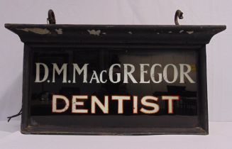 A mid 20th century Dentist sign with suspensory hooks, double sided for D.M MacGregor Dentist, 44