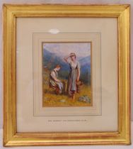 Sir Hubert von Herkomer framed and glazed watercolour of maids in a mountainous landscape (1880)