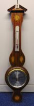 Edwardian style inlaid barometer with silvered dial and applied thermometer, 87cm (l)