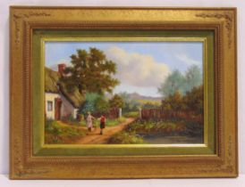 Peter Kotka framed oil on board of figures by a cottage, signed bottom right, 19.5 x 29.5cm