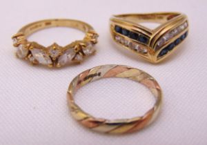 Three 9ct gold rings set with coloured stones, approx total weight 8.4g