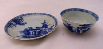 Nanking Cargo 18th century blue and white Chinese tea bowl and saucer, decorated with a pagoda