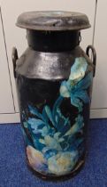 A large vintage Unigate Creameries floral painted metal twin handled milk churn with cover, 75cm (