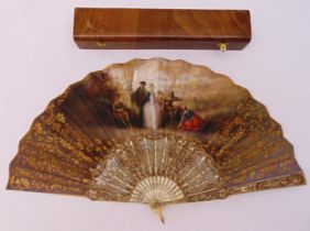 A French 19th century decorative fan painted with a musician playing to a gentleman and ladies,