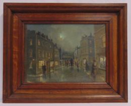 A framed oil on canvas of an Edwardian street scene at night, 31 x 43cm