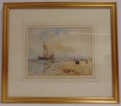 Thomas Bush Hardy framed and glazed watercolour of sailing boats near a beach titled Katwijk